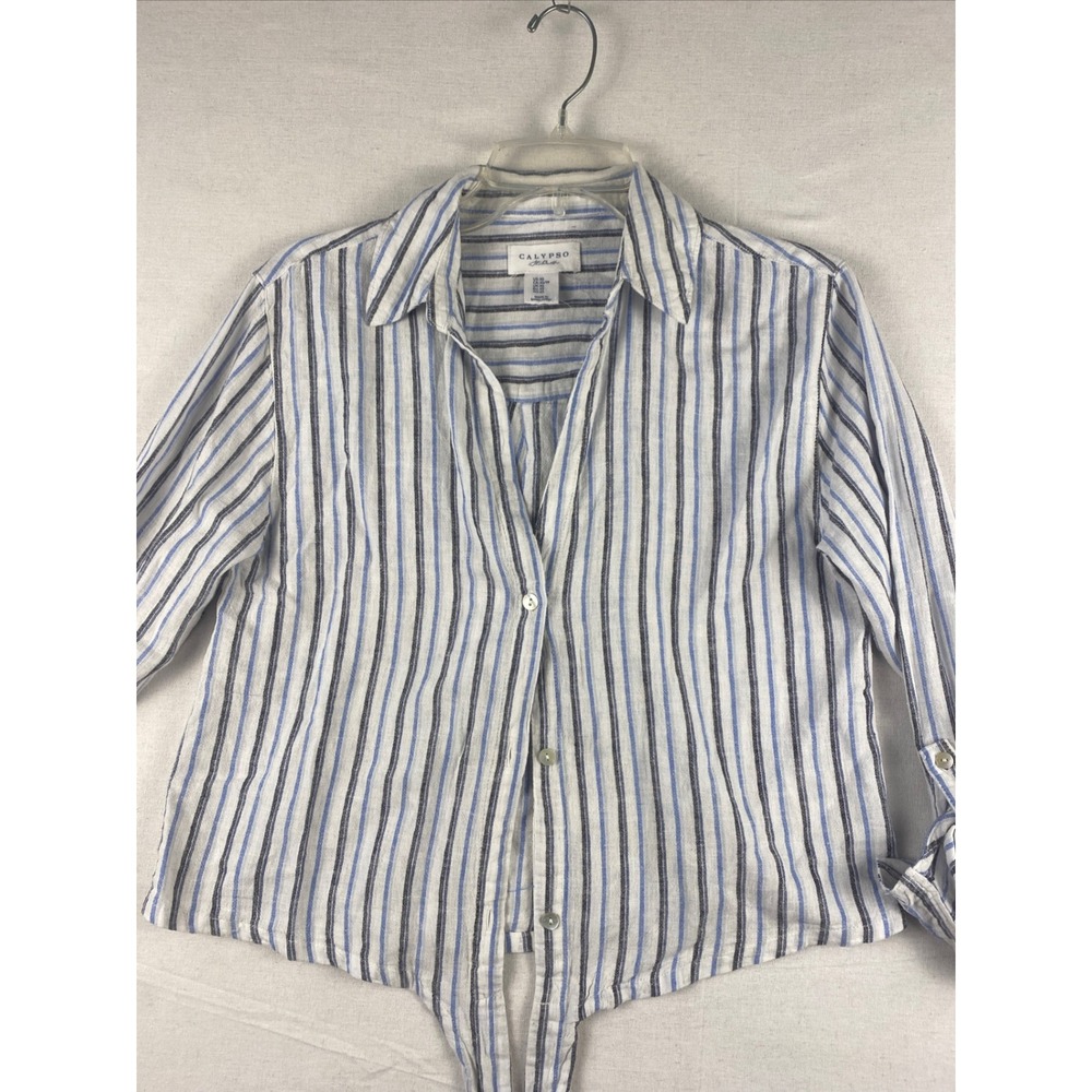 Calypso St Barth Blue Striped Linen Blend Tie Front Button Down Shirt Womens XS